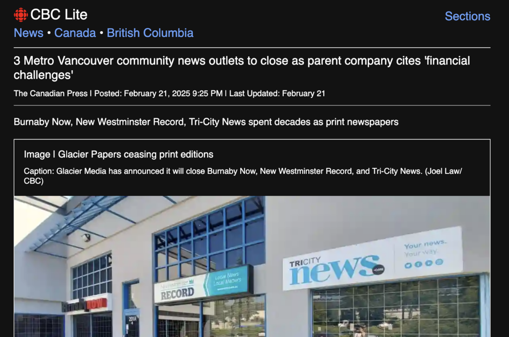 CBC News article. Title: "3 Metro Vancouver community news outlets to close as parent company cites 'financial challenges'".