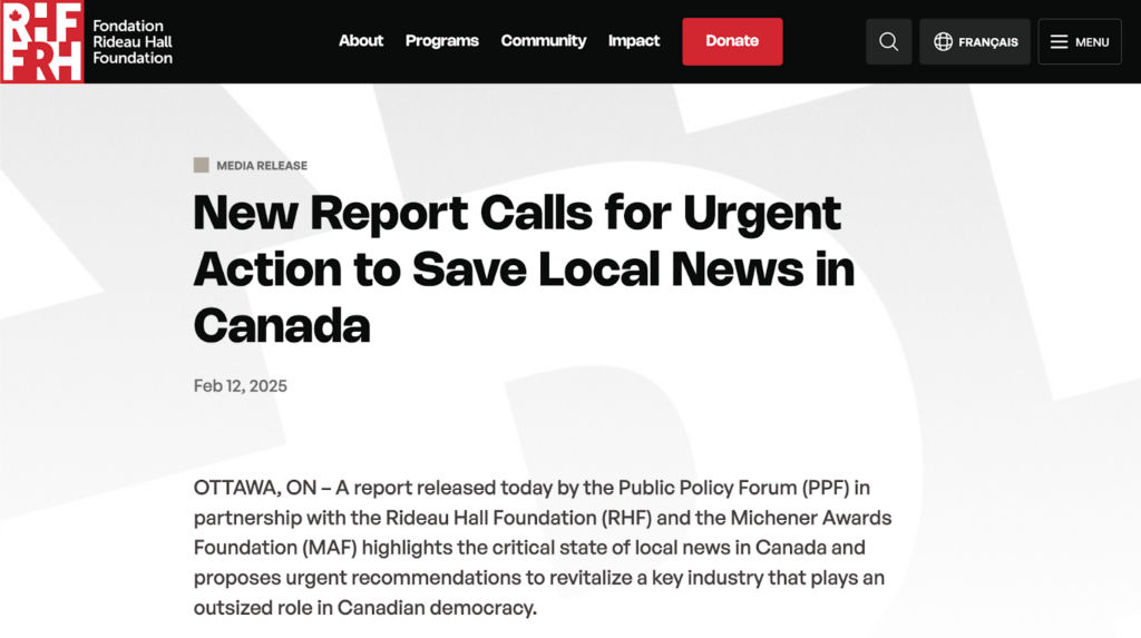 Screen-capture from the Rideau Hall Foundation website. Title: "New Report Calls for Urgent Action to Save Local News in Canada"